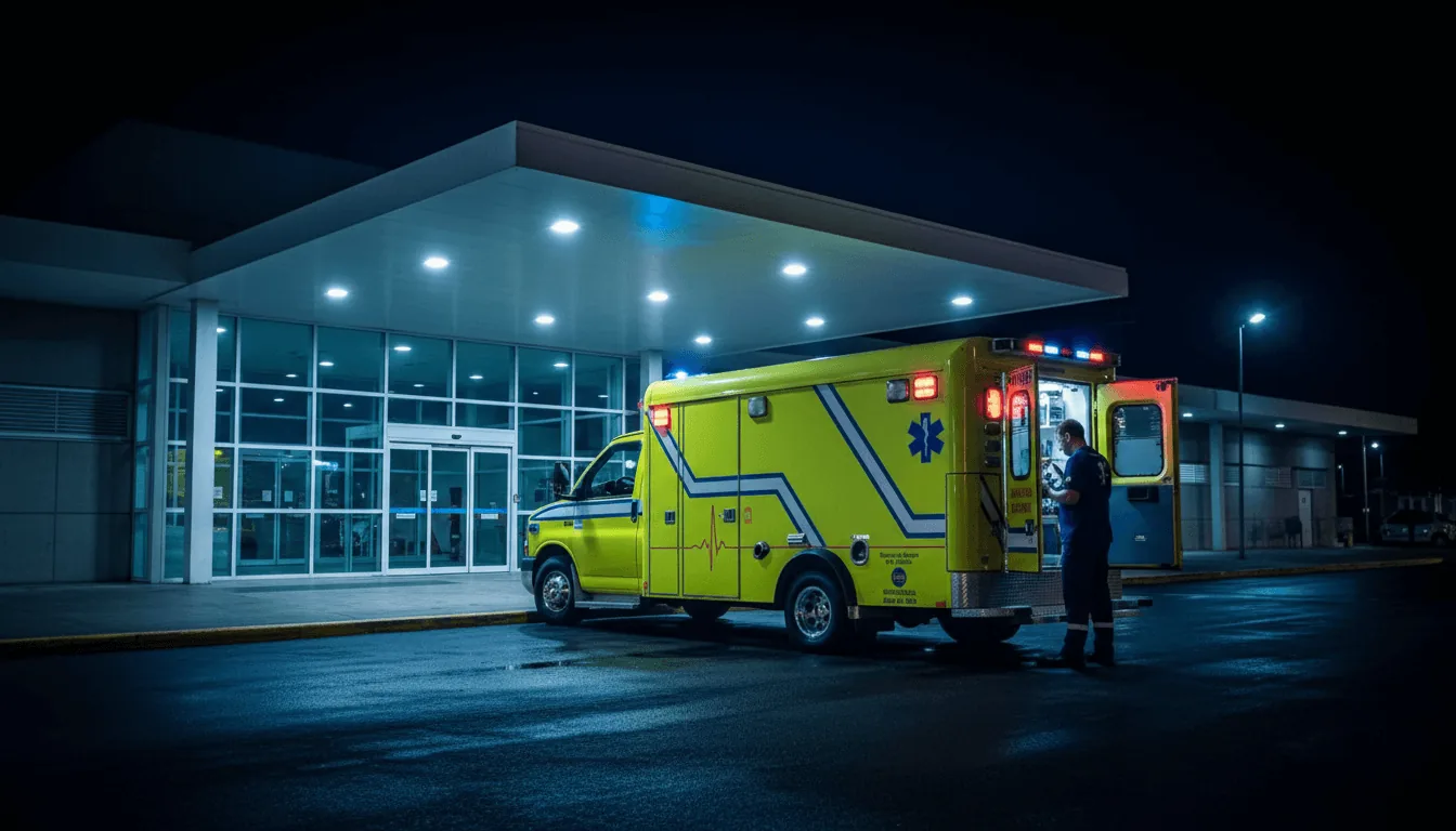 Ambulancia de Emergency Medical Center frente a hospital privado en Buenos Aires